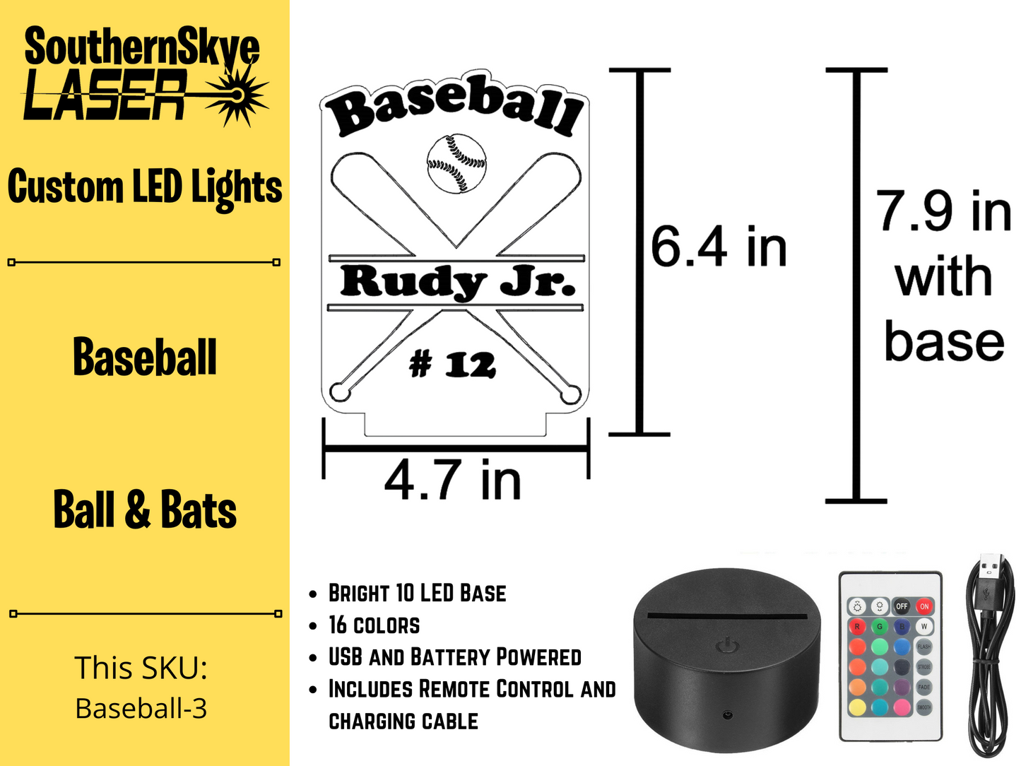 Baseball LED Light with ball and bats, Night Light, Desk Light Personalized Gift, Trophy, Award