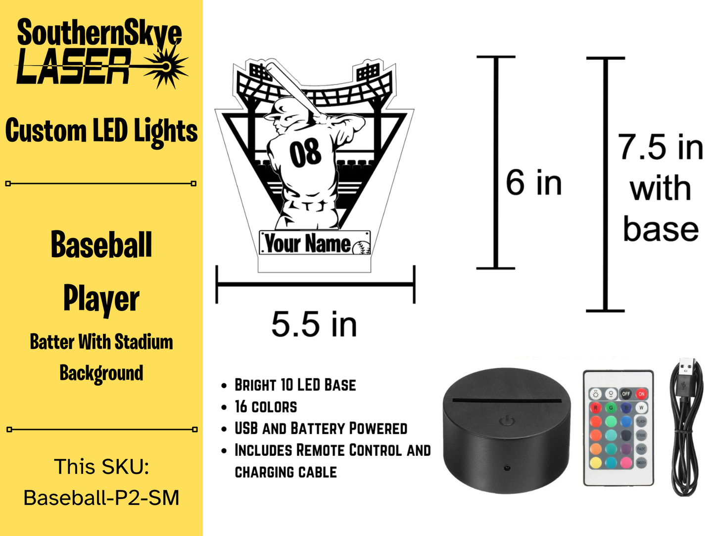 Baseball Player Batter LED Light, Night Light, Desk Light Personalized Gift, Trophy, Award