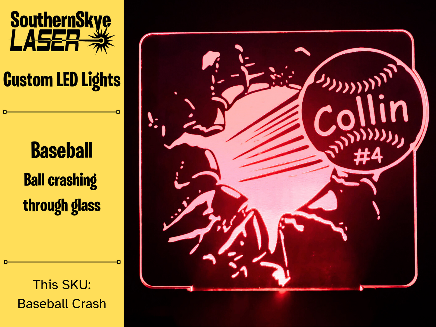 Baseball Crashing through glass LED Light, Night Light, Desk Light Personalized Gift, Trophy, Award