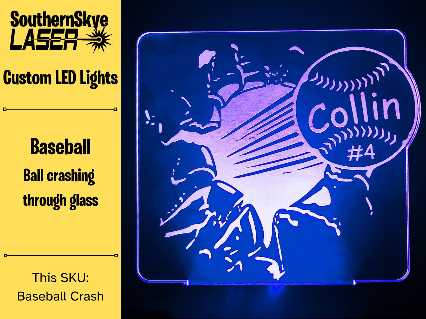 Baseball Crashing through glass LED Light, Night Light, Desk Light Personalized Gift, Trophy, Award