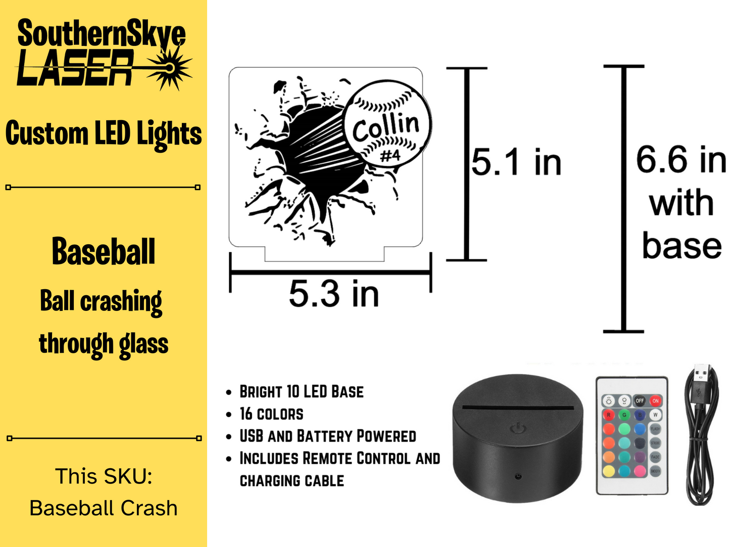 Baseball Crashing through glass LED Light, Night Light, Desk Light Personalized Gift, Trophy, Award
