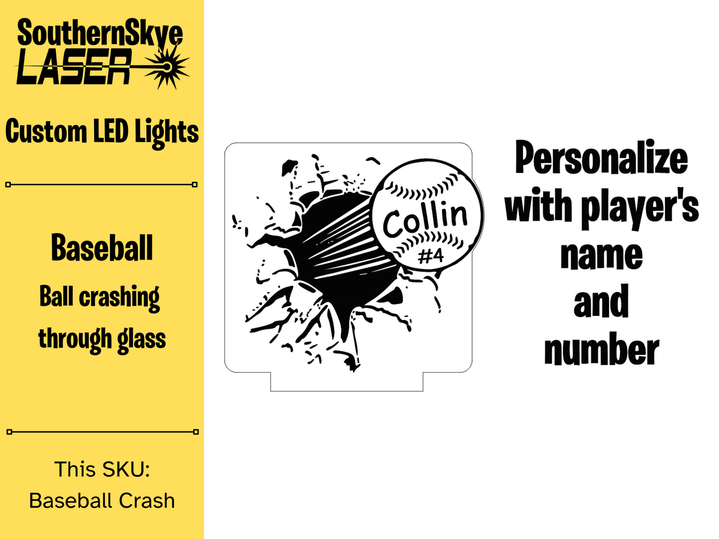 Baseball Crashing through glass LED Light, Night Light, Desk Light Personalized Gift, Trophy, Award