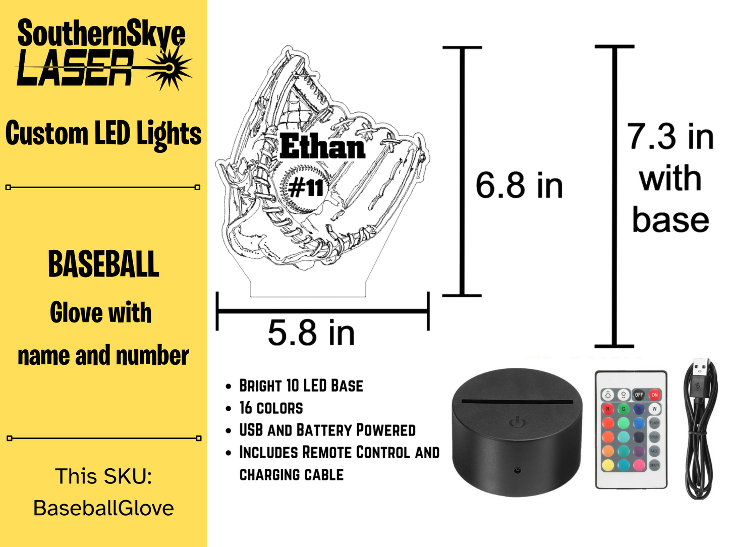 Baseball Glove LED Light, Night Light, Desk Light Personalized Gift, Trophy, Award