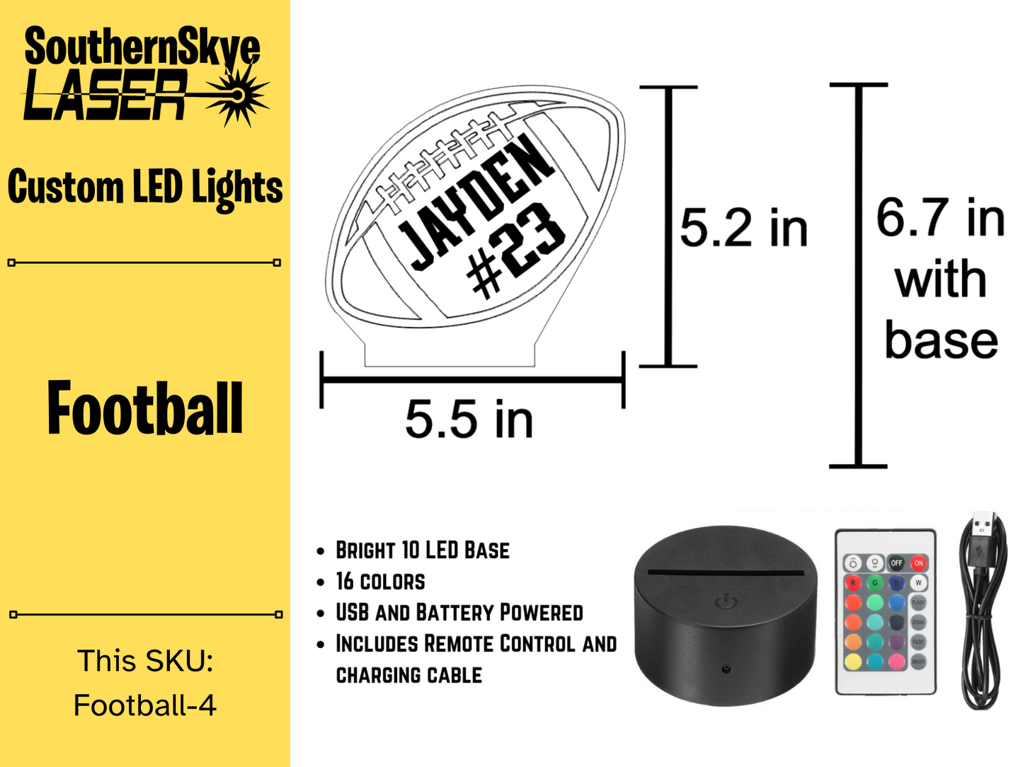 Football LED Light, Night Light, Personalized Gift, Trophy, Award