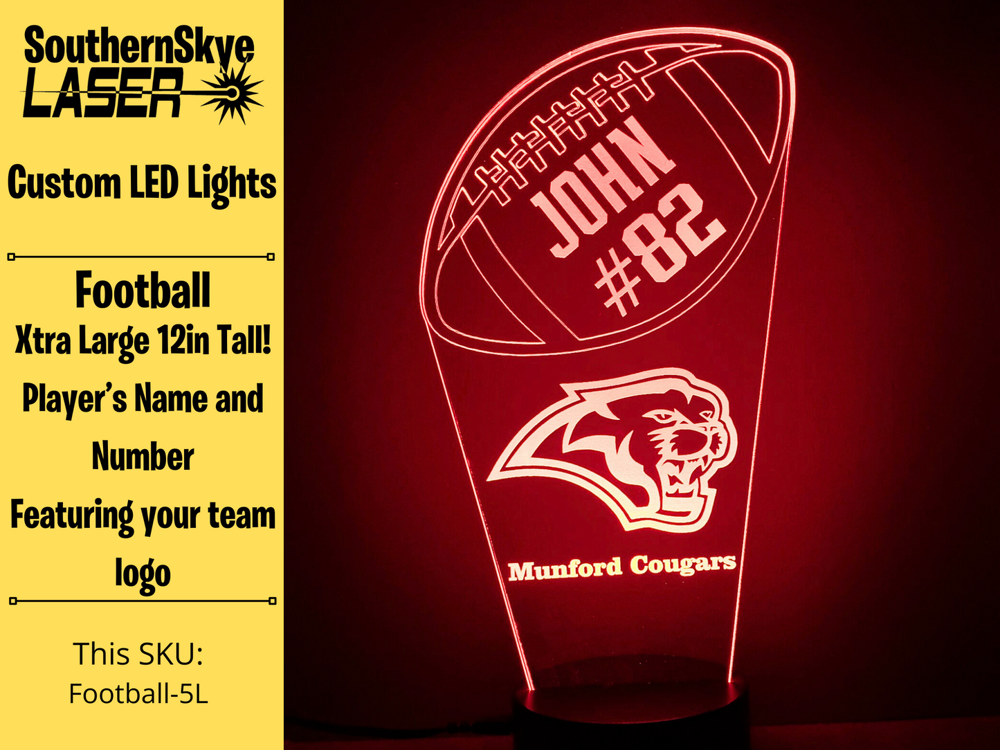 Football LED Light, Night Light, Desk Light Personalized Gift, Trophy, Award - XL 12 in tall