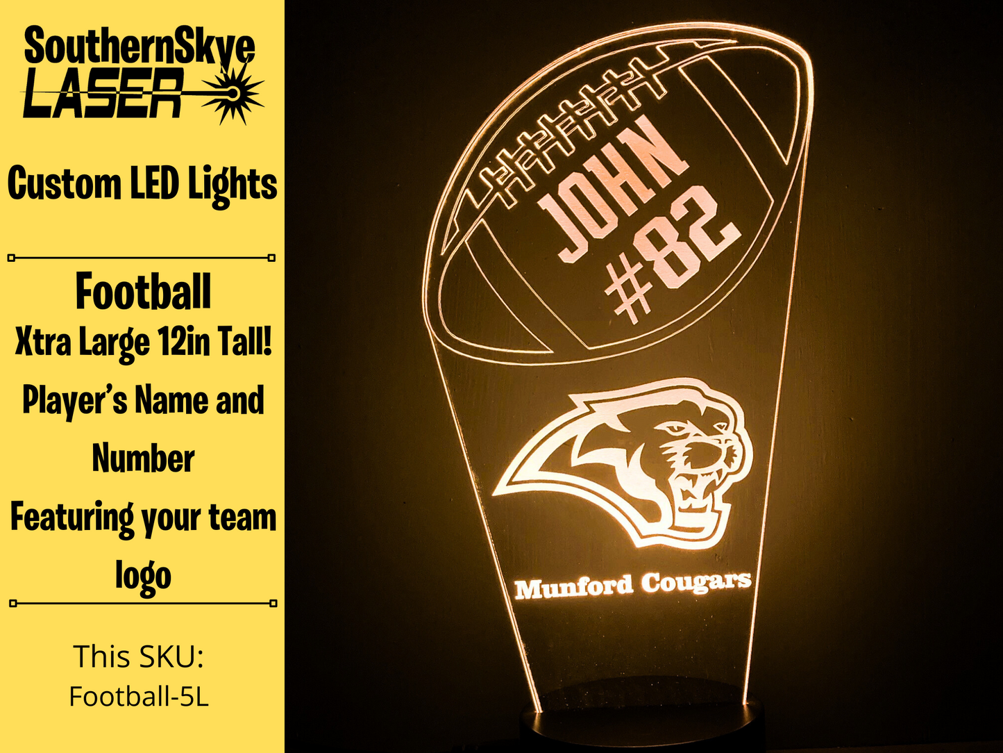 Football LED Light, Night Light, Desk Light Personalized Gift, Trophy, Award - XL 12 in tall