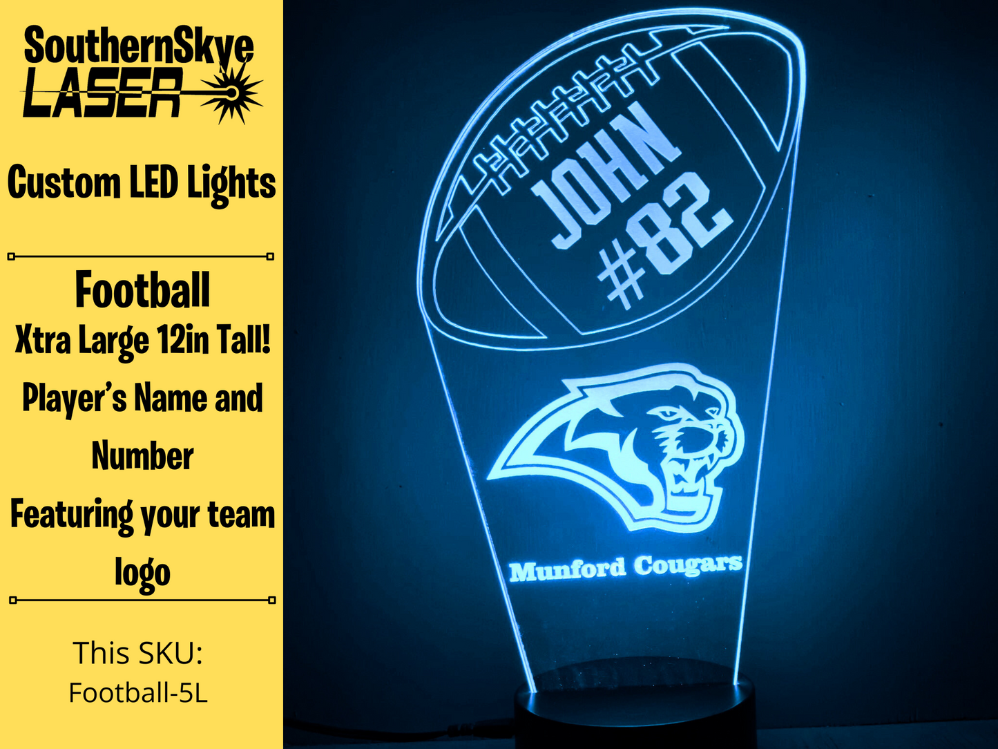 Football LED Light, Night Light, Desk Light Personalized Gift, Trophy, Award - XL 12 in tall