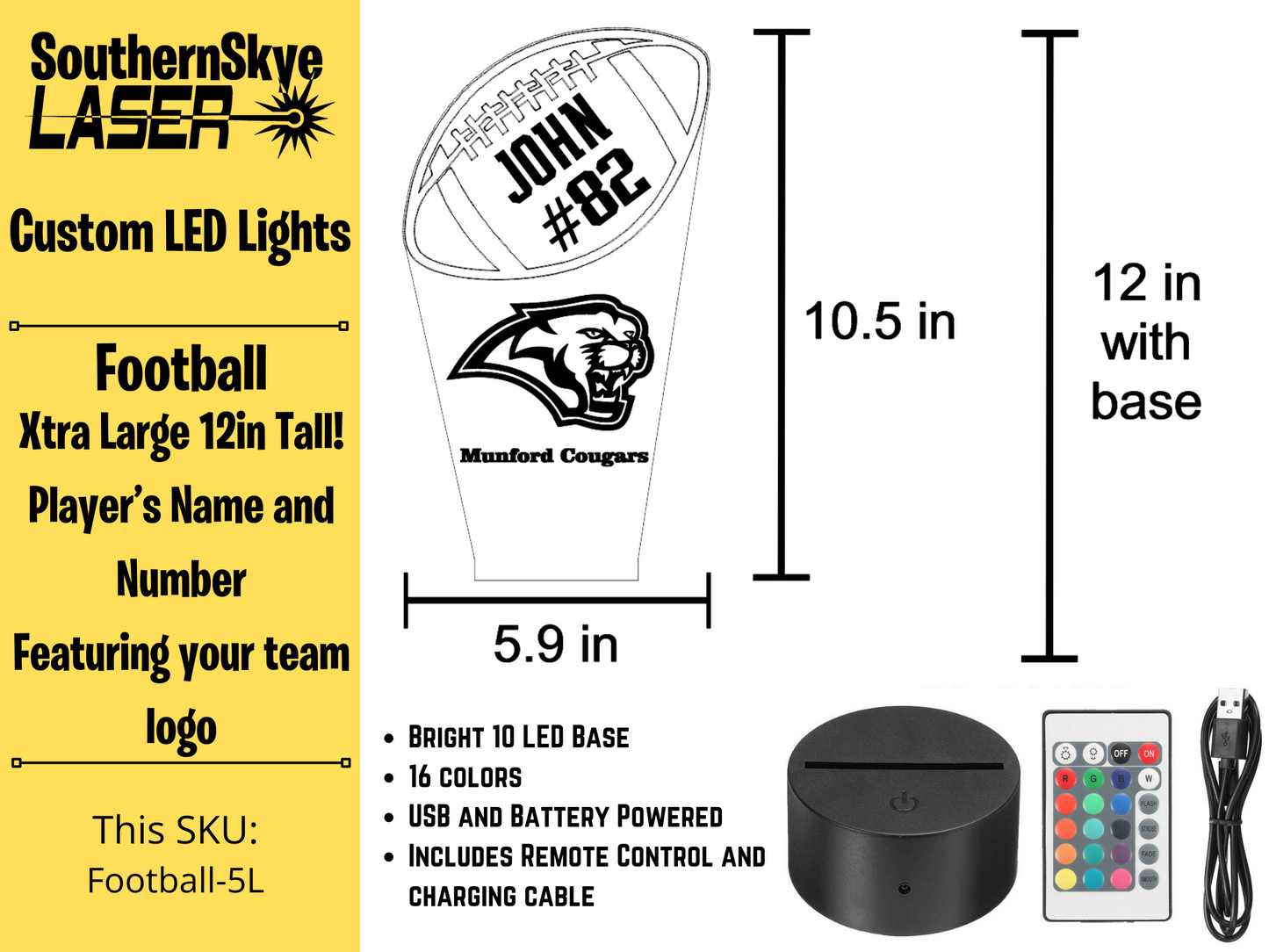 Football LED Light, Night Light, Desk Light Personalized Gift, Trophy, Award - XL 12 in tall
