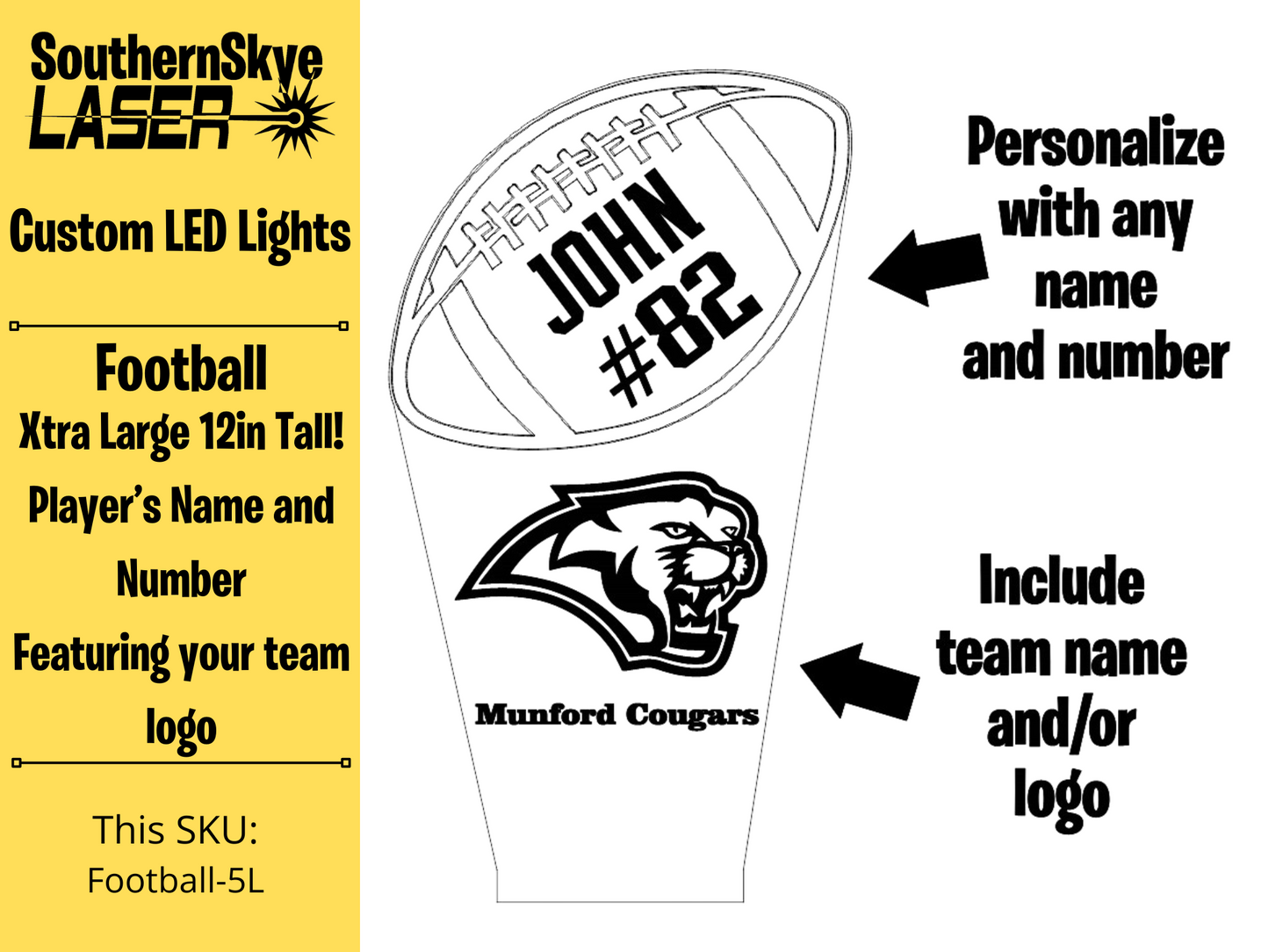 Football LED Light, Night Light, Desk Light Personalized Gift, Trophy, Award - XL 12 in tall