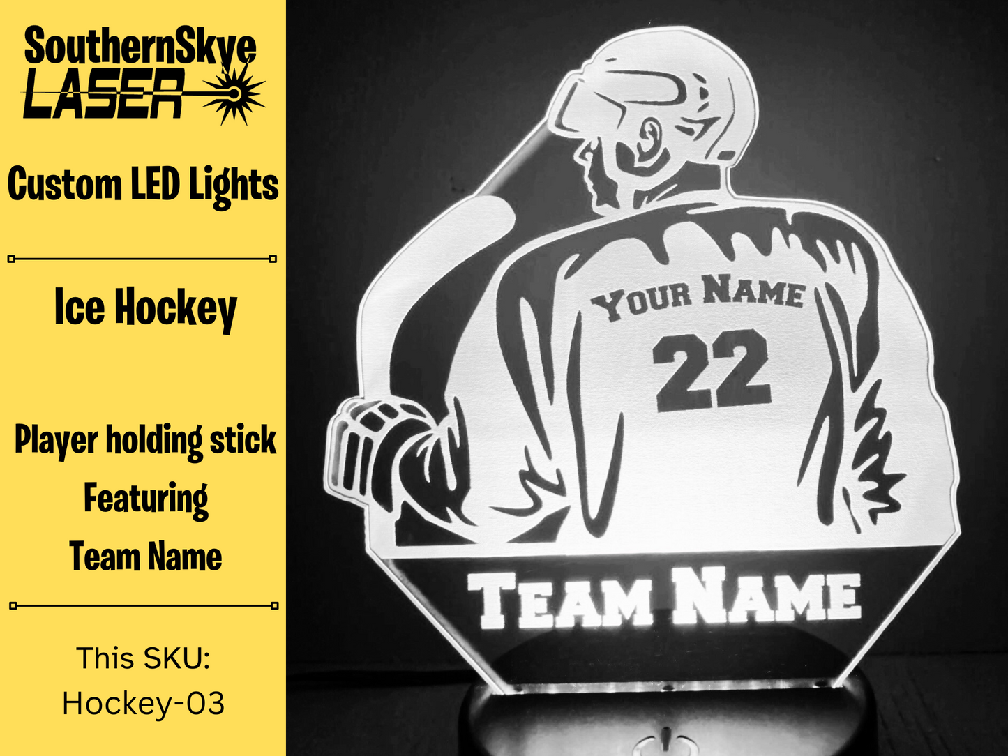 Ice Hockey LED Light Featuring Player holding stick with Team Name, Night Light, Desk Light Personalized Gift, Trophy, Award