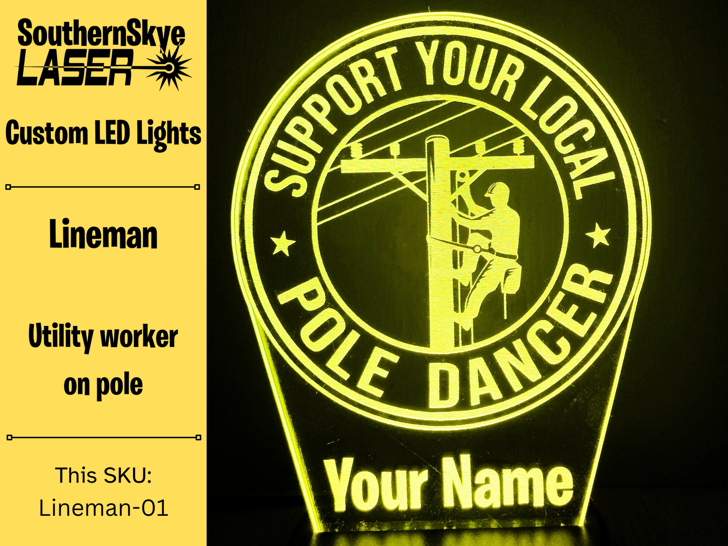 Lineman LED Light Featuring Utility Worker on Pole, Night Light, Desk Light Personalized Gift