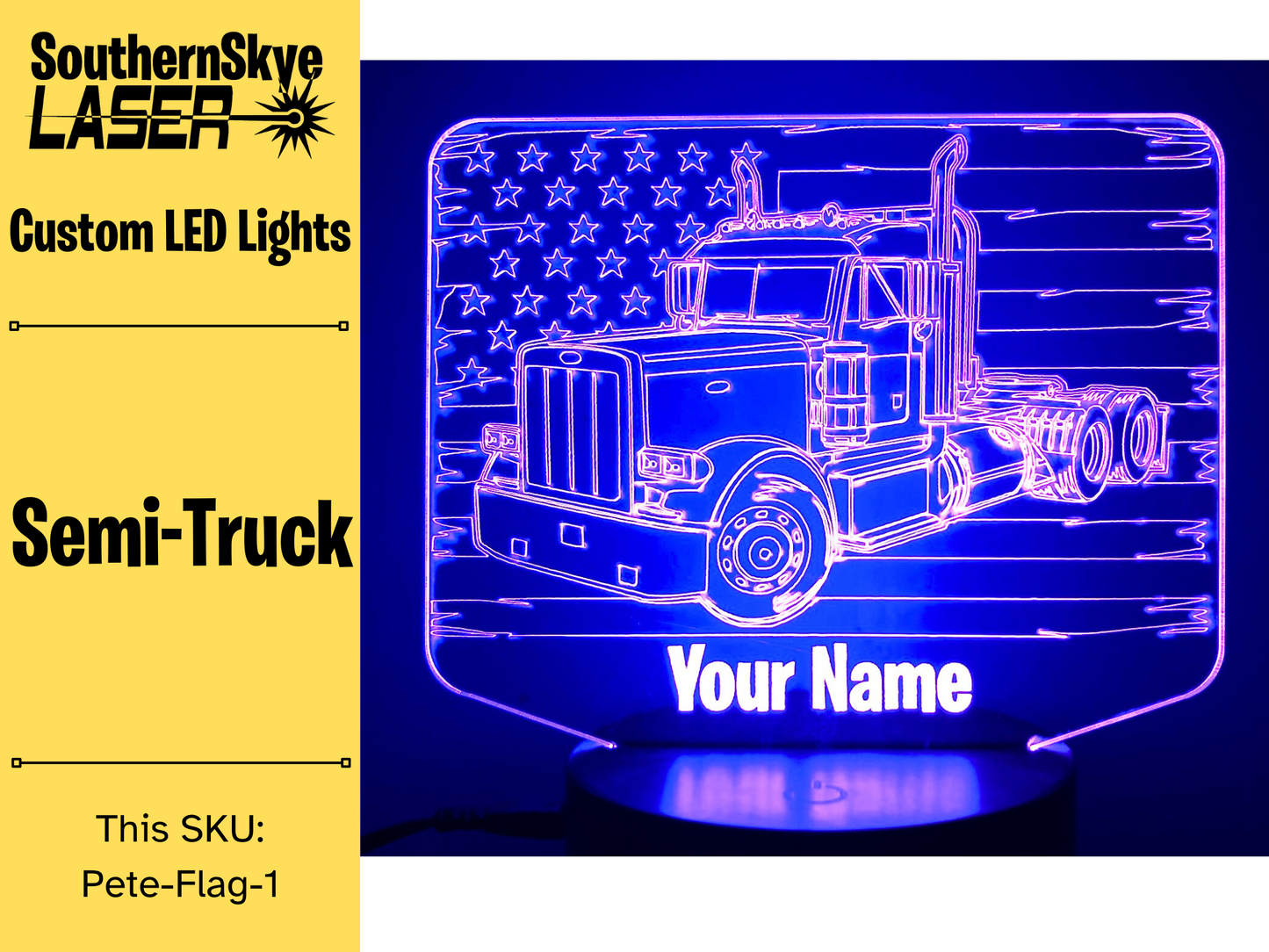 Peterbilt Semi-Truck with American Flag LED Light, Night Light, Desk Light Personalized Gift