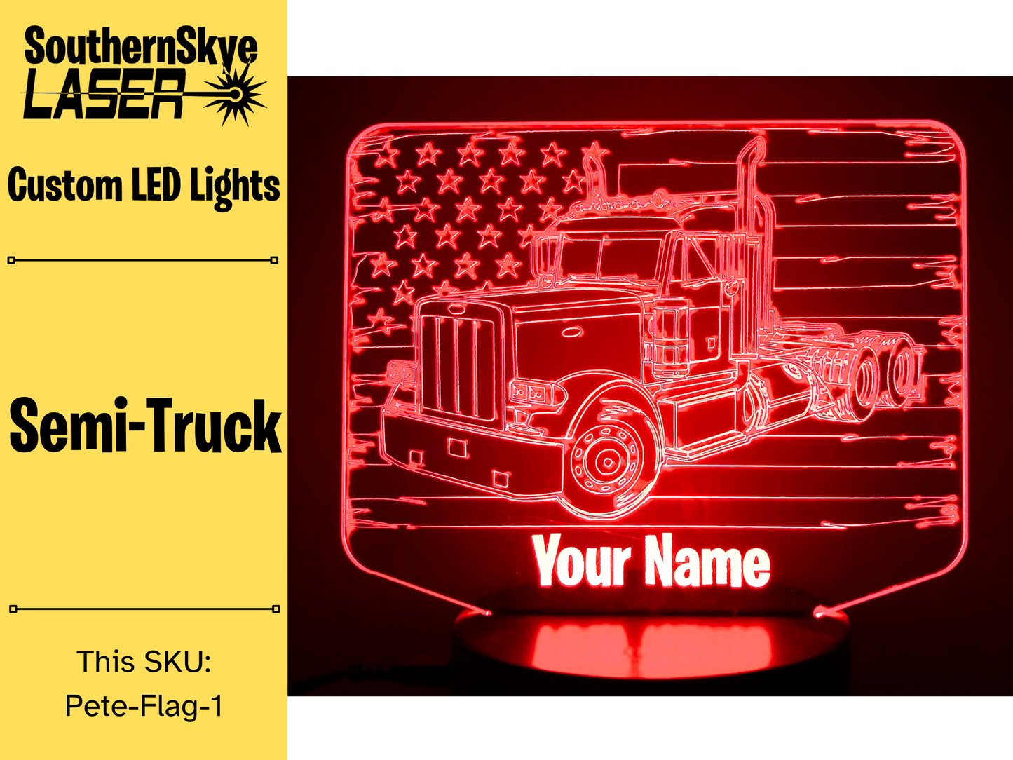 Peterbilt Semi-Truck with American Flag LED Light, Night Light, Desk Light Personalized Gift