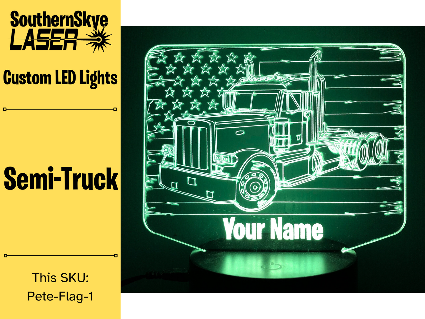 Peterbilt Semi-Truck with American Flag LED Light, Night Light, Desk Light Personalized Gift