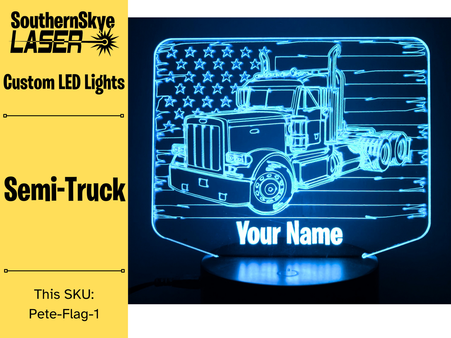 Peterbilt Semi-Truck with American Flag LED Light, Night Light, Desk Light Personalized Gift