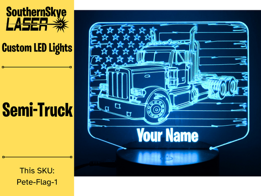 Peterbilt Semi-Truck with American Flag LED Light, Night Light, Desk Light Personalized Gift