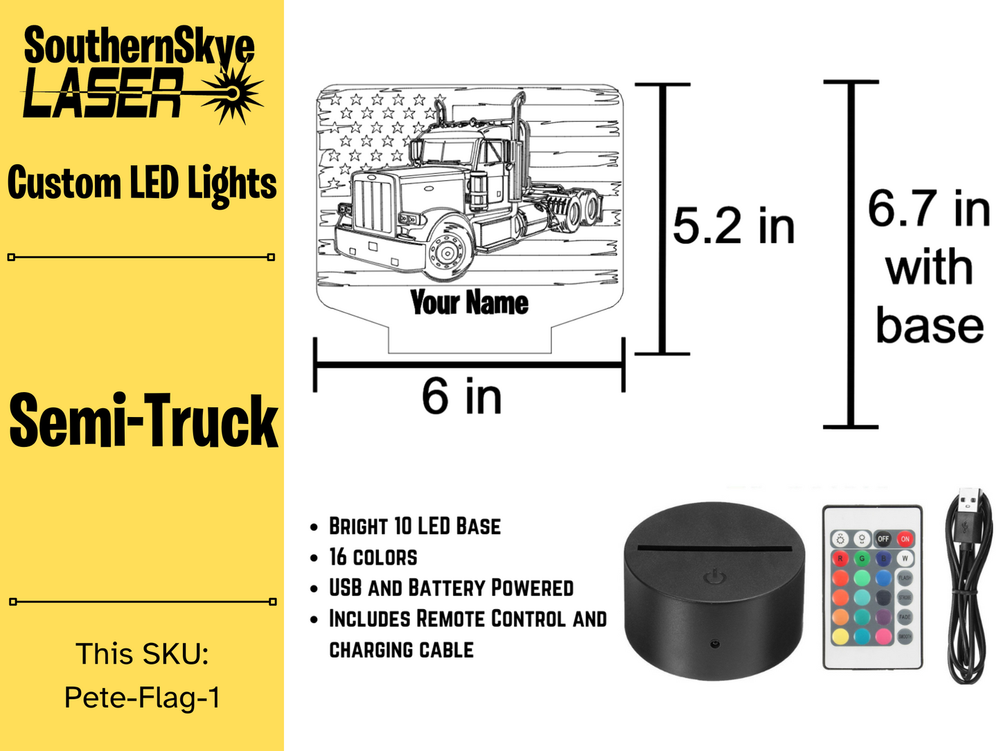 Peterbilt Semi-Truck with American Flag LED Light, Night Light, Desk Light Personalized Gift
