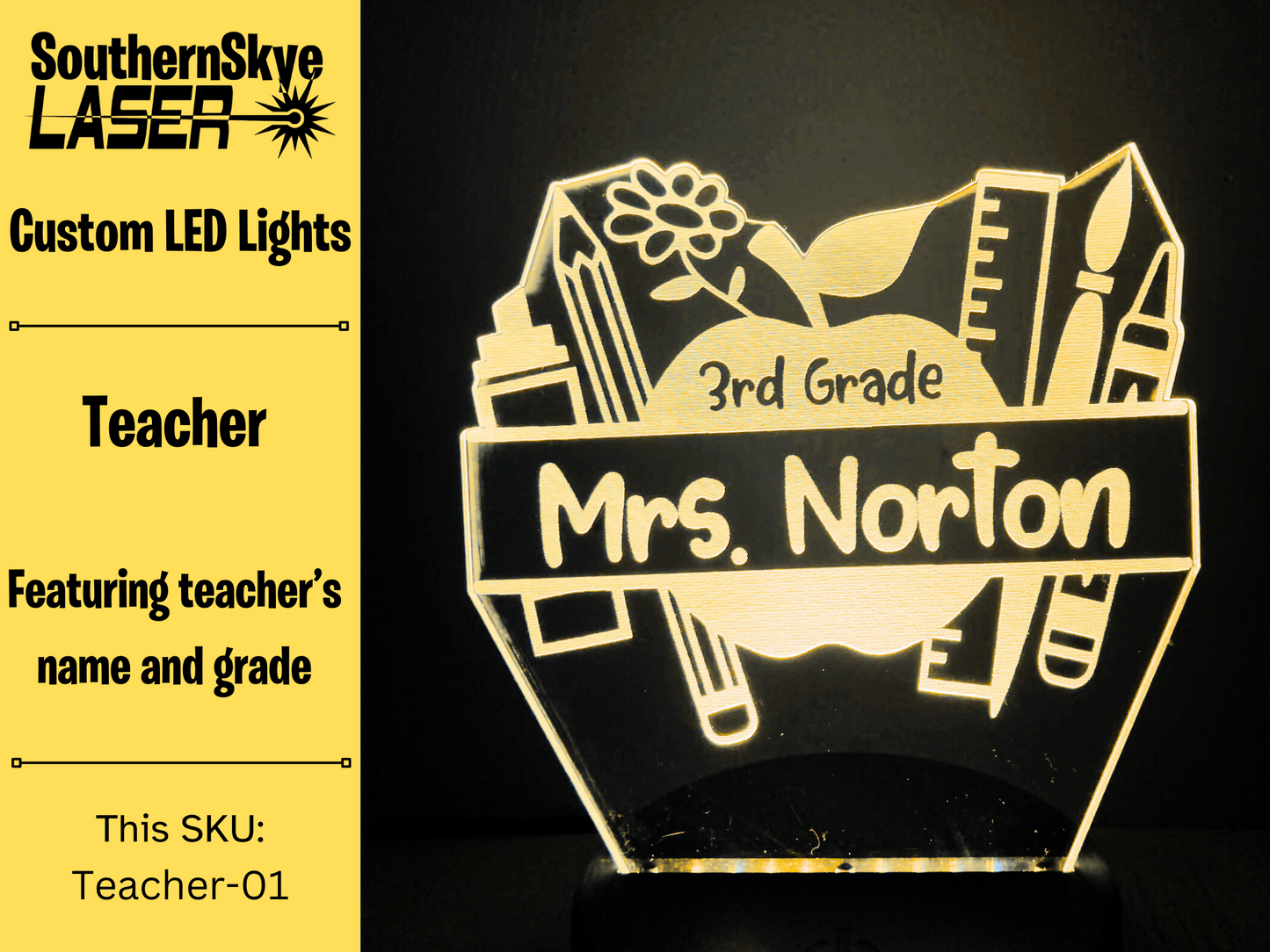 Teacher LED Light Apple featuring teacher's name and grade number, Night Light, Desk Light Personalized Gift
