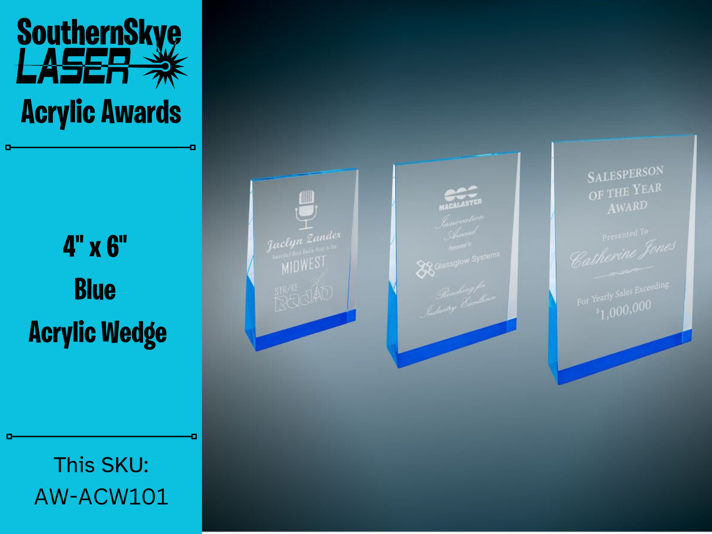 4" x 6" Blue Acrylic Wedge Trophy, Award