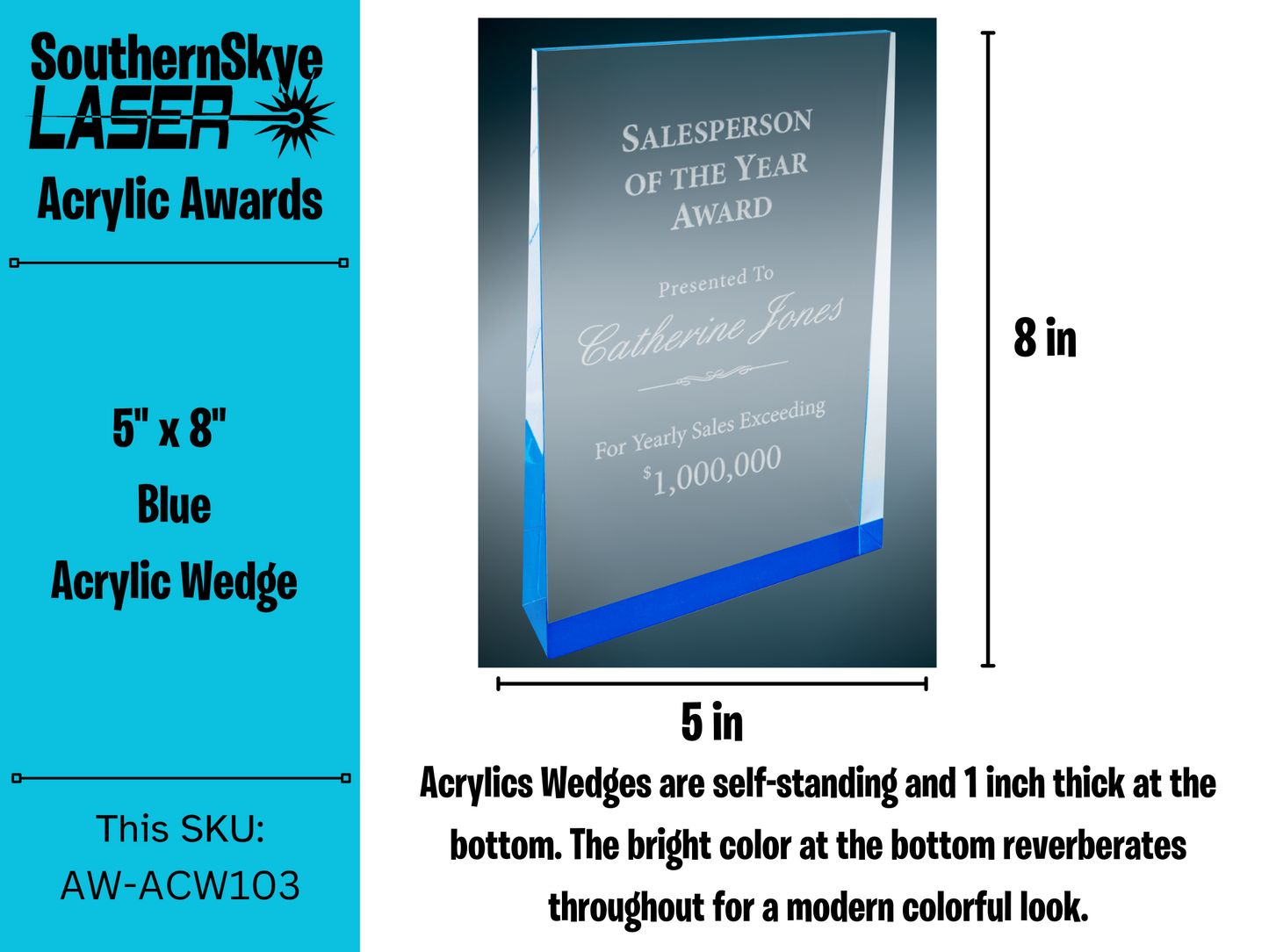 5" x 8" Blue Acrylic Wedge Trophy, Award