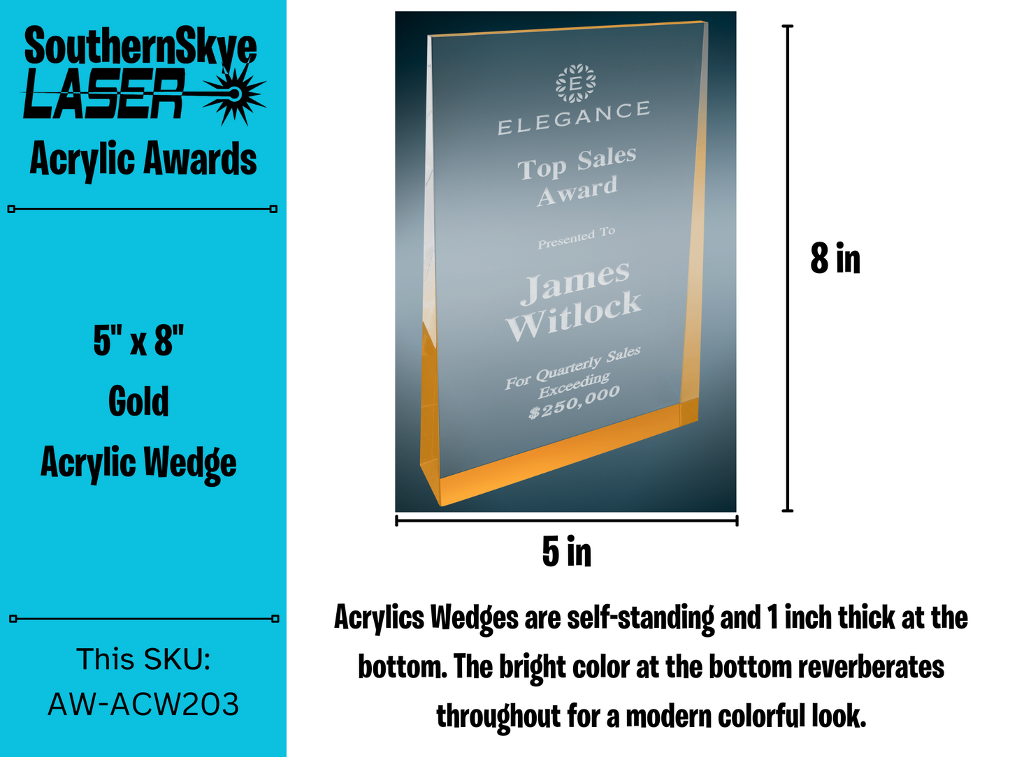 5" x 8" Gold Acrylic Wedge Trophy, Award