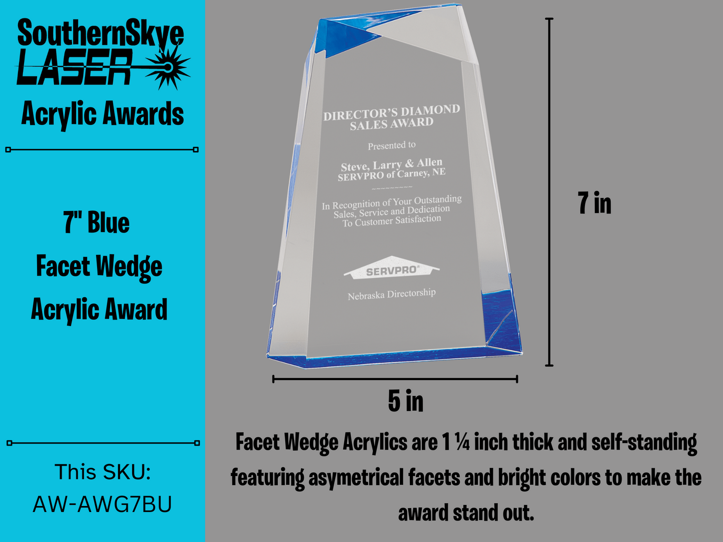 7" Blue Facet Wedge Acrylic Award, Trophy