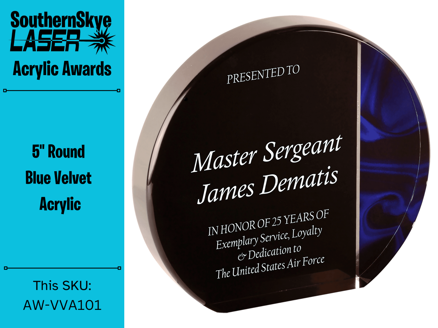 5" Round Blue Velvet Acrylic Self Standing Award
