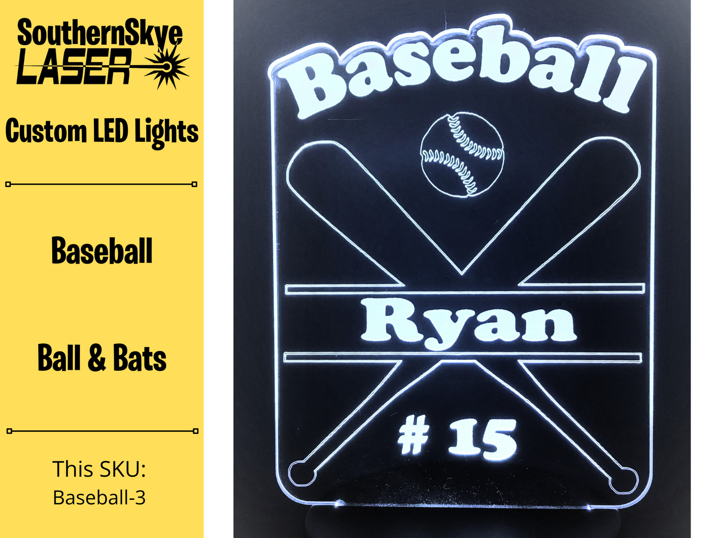 Baseball LED Light with ball and bats, Night Light, Desk Light Personalized Gift, Trophy, Award