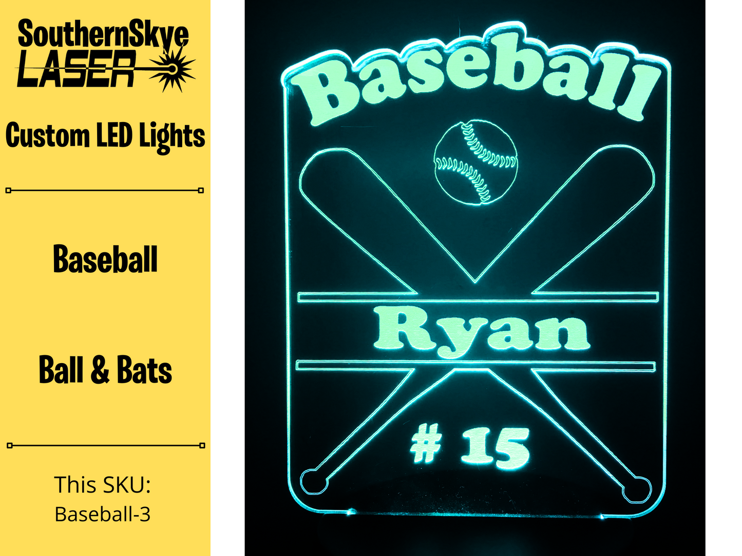 Baseball LED Light with ball and bats, Night Light, Desk Light Personalized Gift, Trophy, Award