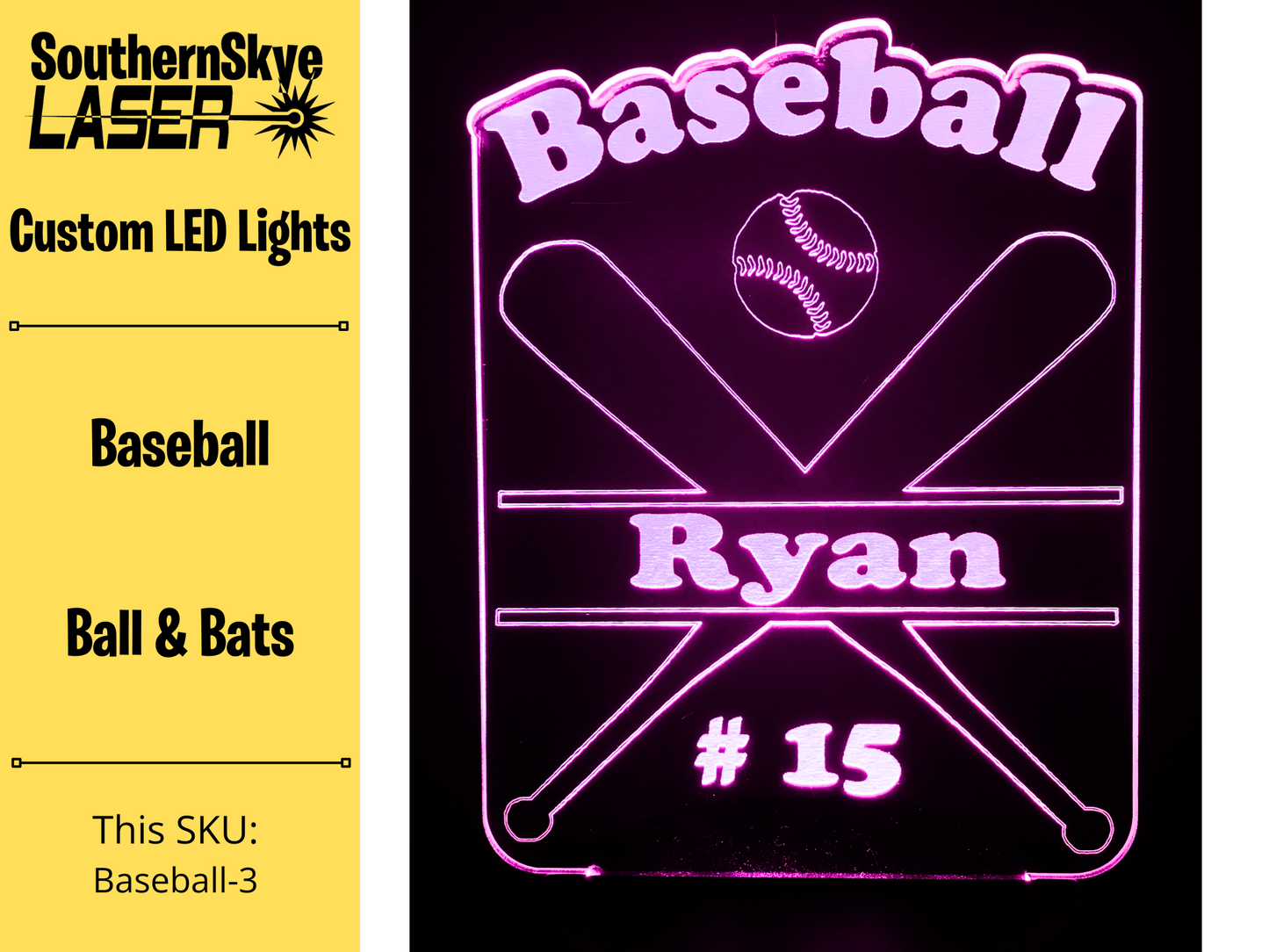 Baseball LED Light with ball and bats, Night Light, Desk Light Personalized Gift, Trophy, Award