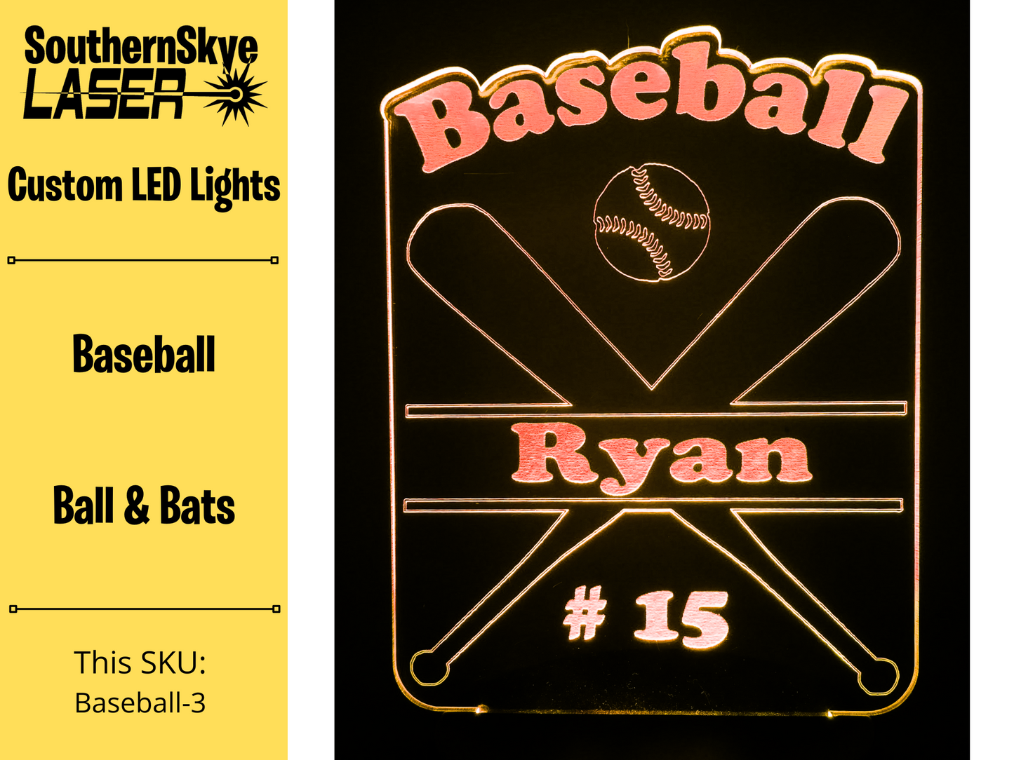 Baseball LED Light with ball and bats, Night Light, Desk Light Personalized Gift, Trophy, Award