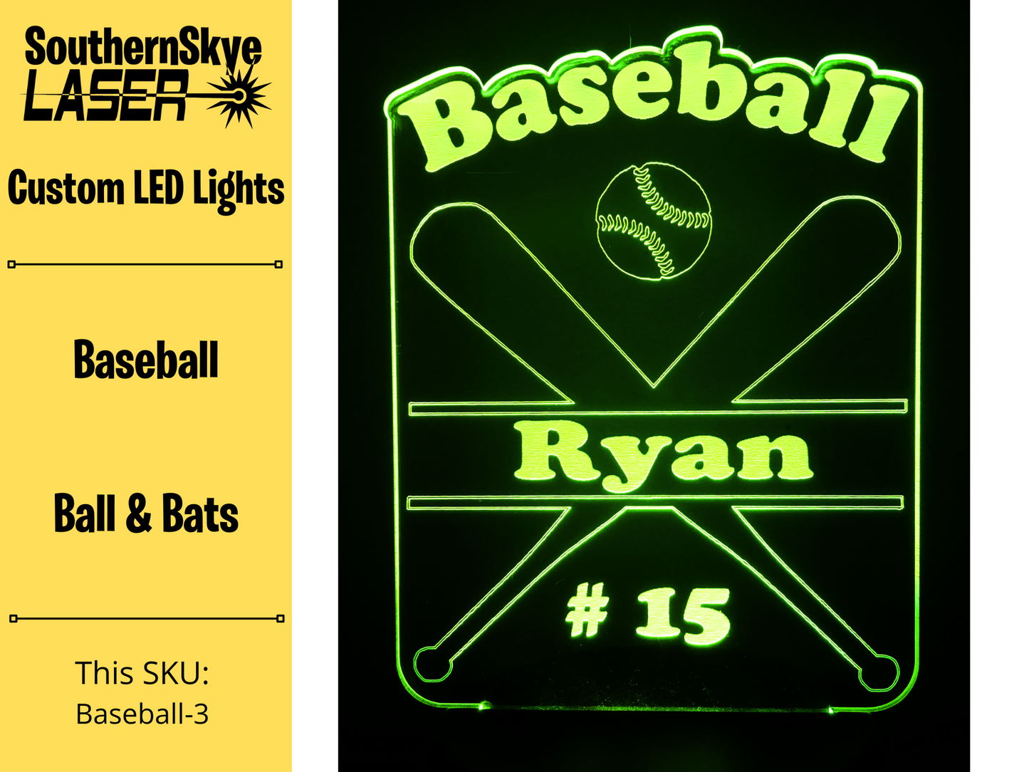 Baseball LED Light with ball and bats, Night Light, Desk Light Personalized Gift, Trophy, Award