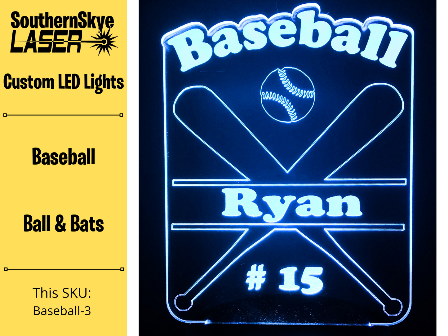 Baseball LED Light with ball and bats, Night Light, Desk Light Personalized Gift, Trophy, Award