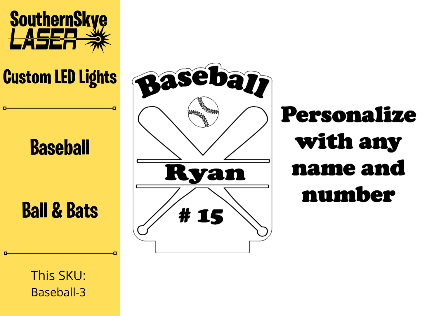 Baseball LED Light with ball and bats, Night Light, Desk Light Personalized Gift, Trophy, Award