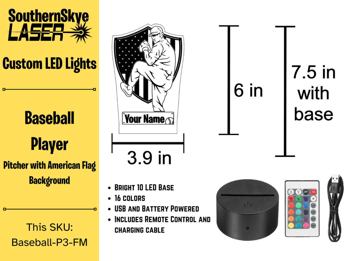 Baseball Player Pitcher LED Light, Night Light, Desk Light Personalized Gift, Trophy, Award