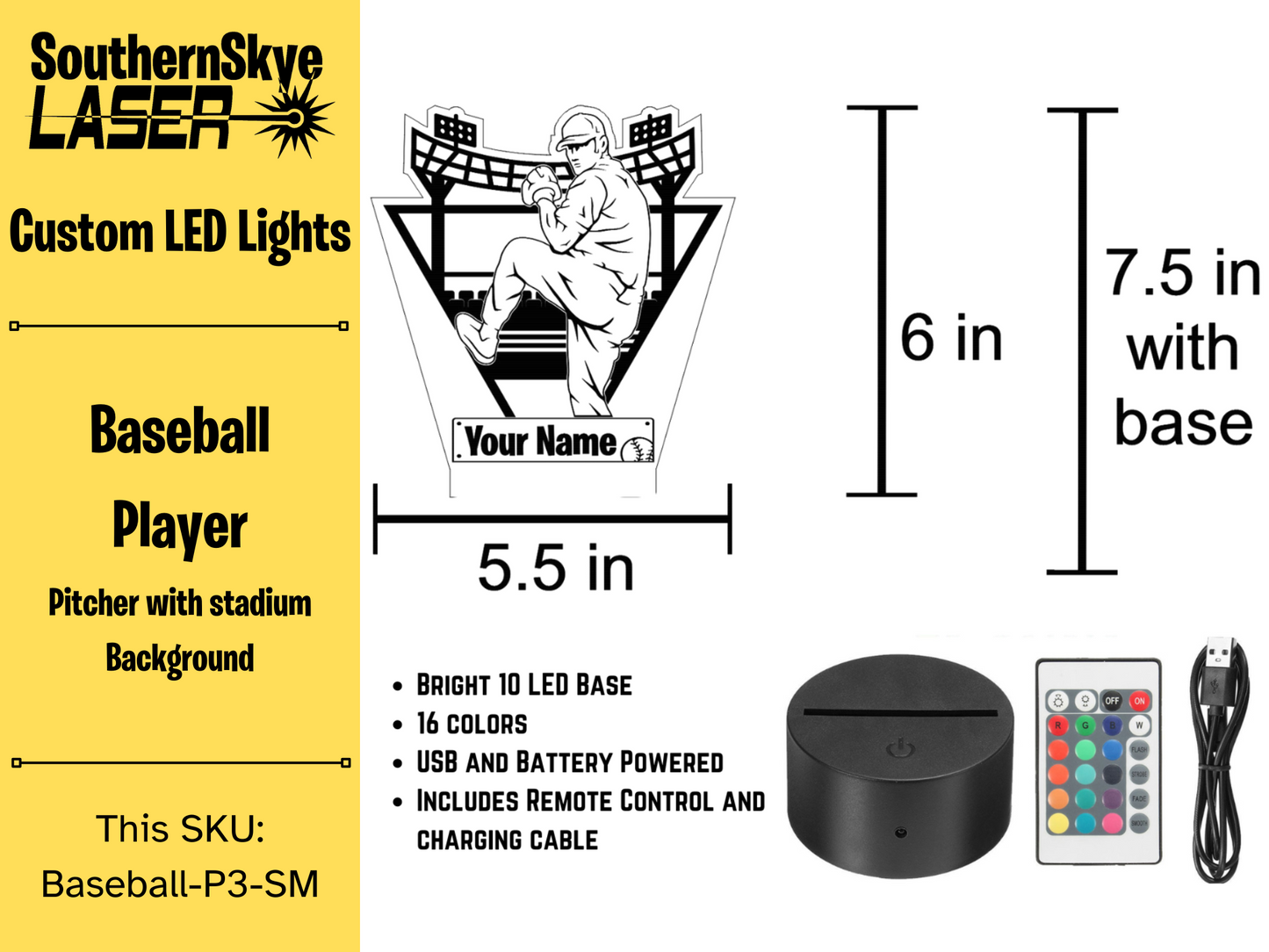 Baseball Player Pitcher LED Light, Night Light, Desk Light Personalized Gift, Trophy, Award