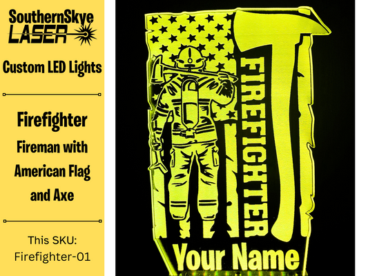 Firefighter LED Light Featuring Firemand with American Flag, Night Light, Desk Light Personalized Gift