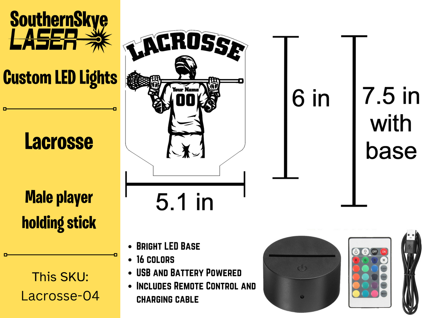 Lacrosse LED Light Featuring Player with name and number, Night Light, Desk Light Personalized Gift, Trophy, Award