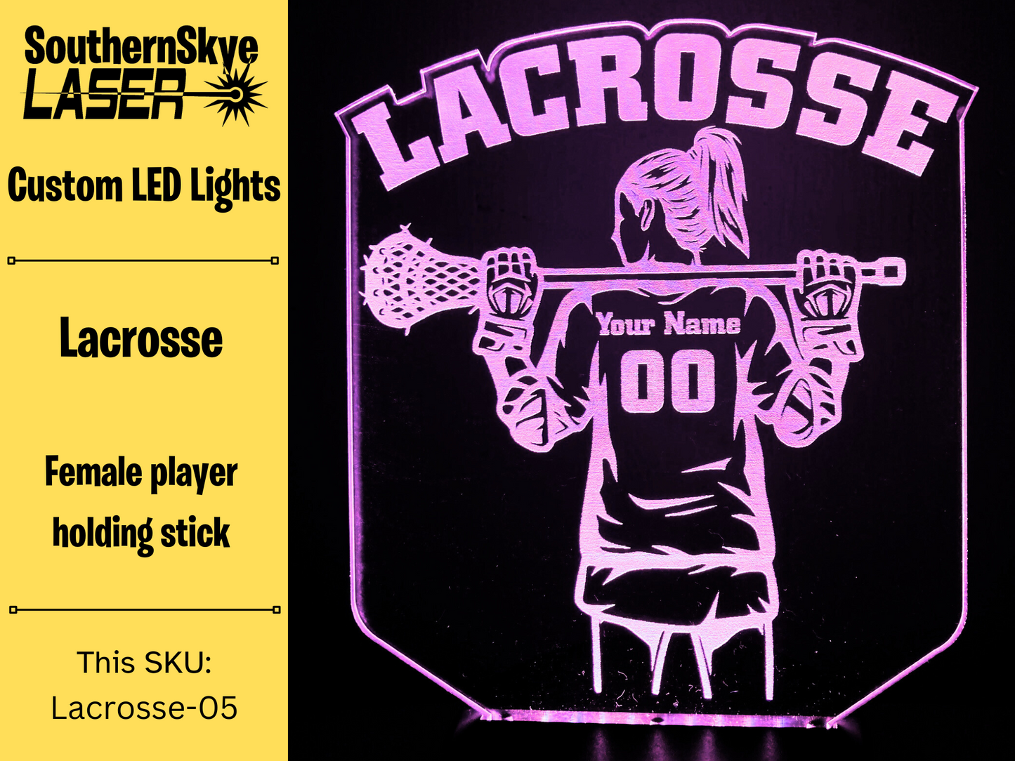 Lacrosse LED Light Featuring Female Player with name and number, Night Light, Desk Light Personalized Gift, Trophy, Award