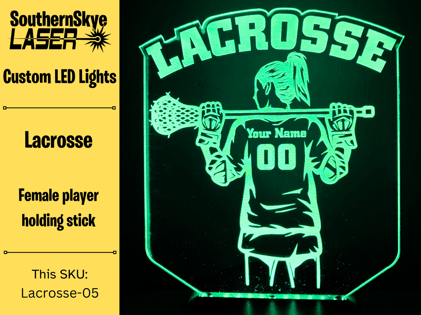 Lacrosse LED Light Featuring Female Player with name and number, Night Light, Desk Light Personalized Gift, Trophy, Award