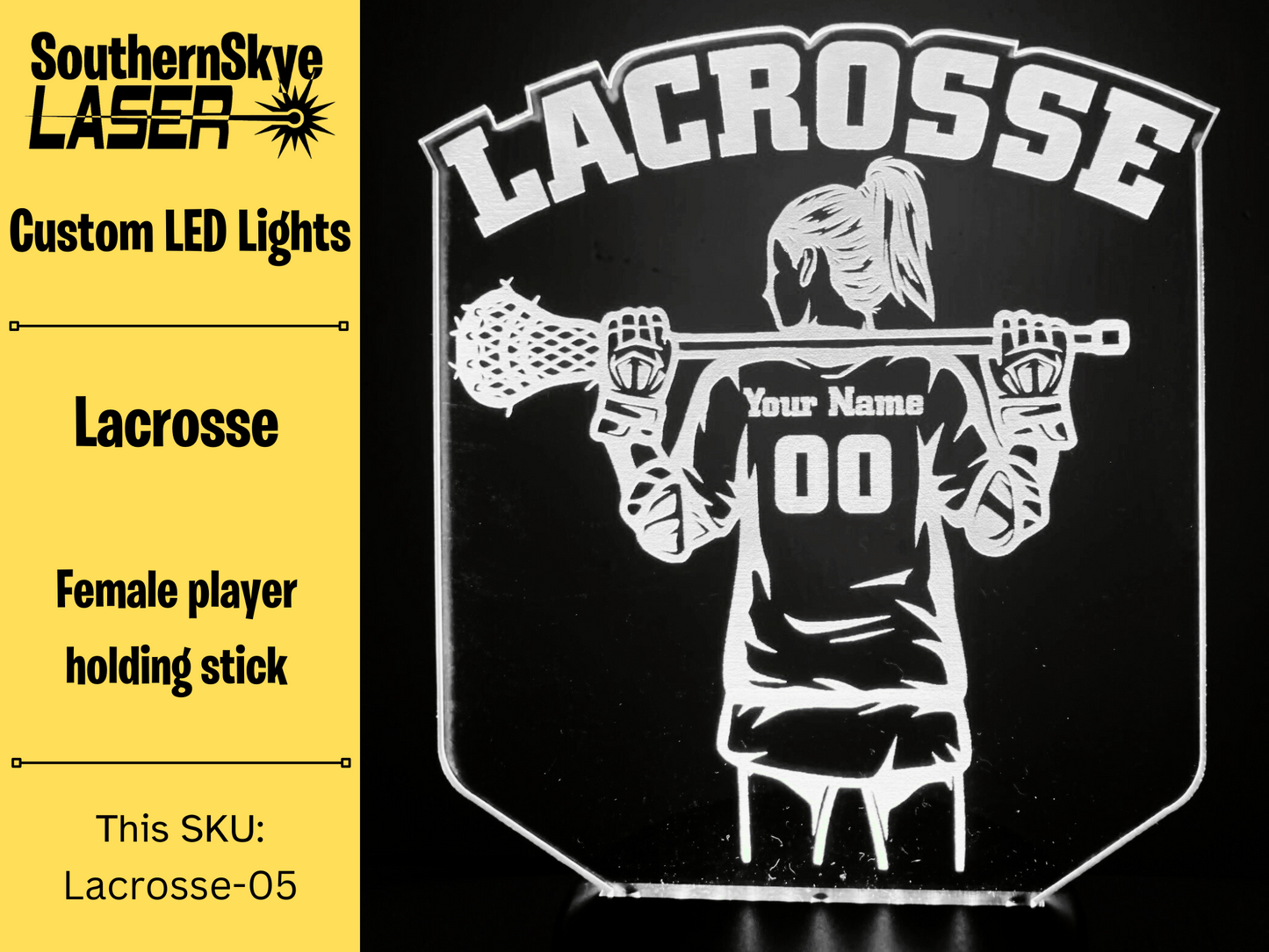 Lacrosse LED Light Featuring Female Player with name and number, Night Light, Desk Light Personalized Gift, Trophy, Award