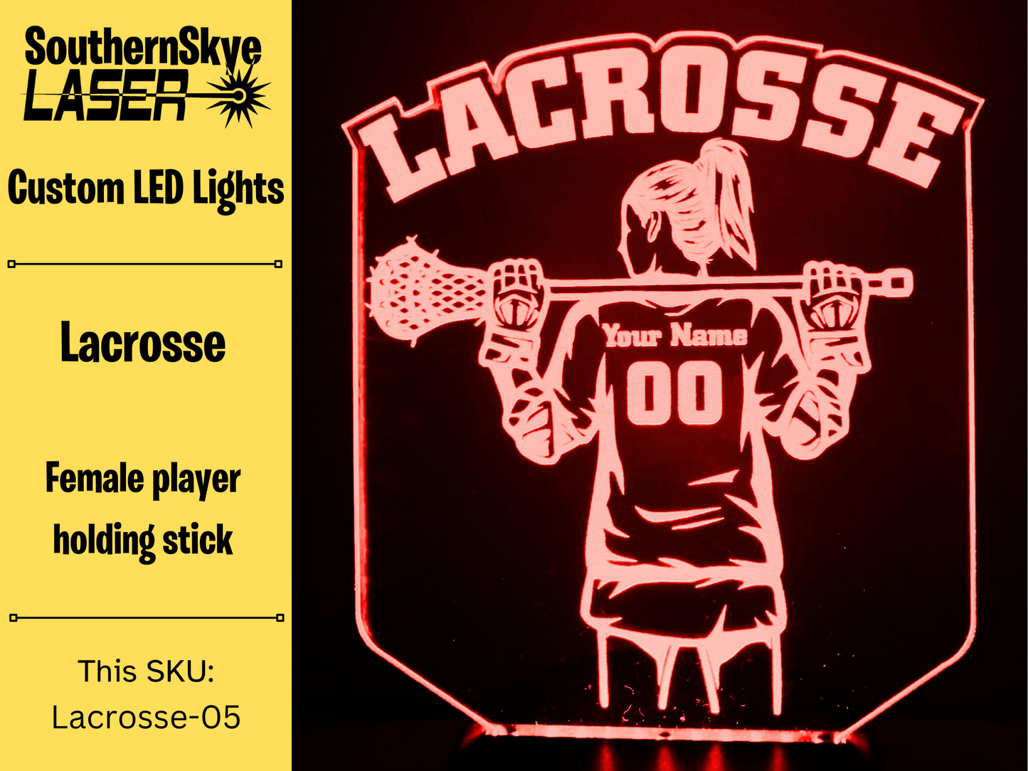 Lacrosse LED Light Featuring Female Player with name and number, Night Light, Desk Light Personalized Gift, Trophy, Award