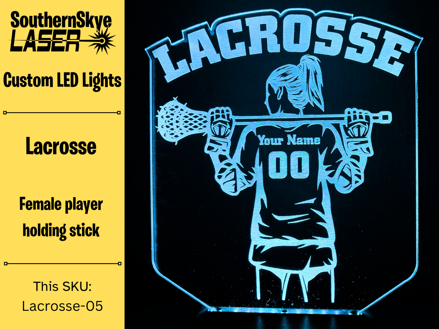 Lacrosse LED Light Featuring Female Player with name and number, Night Light, Desk Light Personalized Gift, Trophy, Award