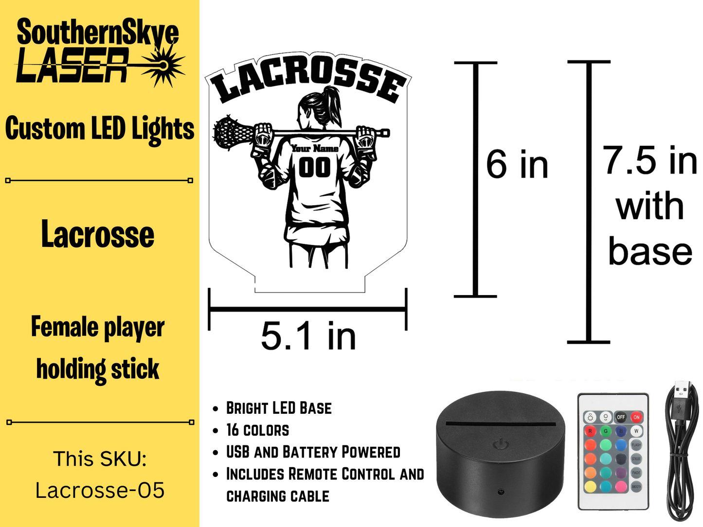 Lacrosse LED Light Featuring Female Player with name and number, Night Light, Desk Light Personalized Gift, Trophy, Award