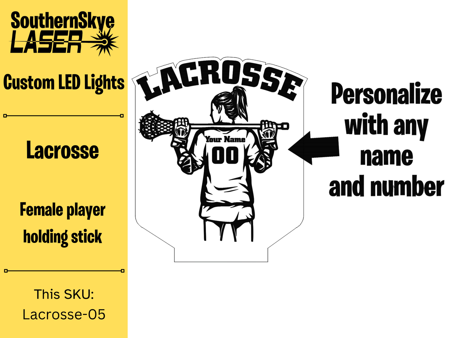 Lacrosse LED Light Featuring Female Player with name and number, Night Light, Desk Light Personalized Gift, Trophy, Award