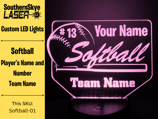 Softball LED Light Featuring Player's name and number and team name, Night Light, Desk Light Personalized Gift, Trophy, Award