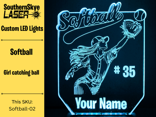 Softball LED Light Player catching ball featuring name and number, Night Light, Desk Light Personalized Gift, Trophy, Award