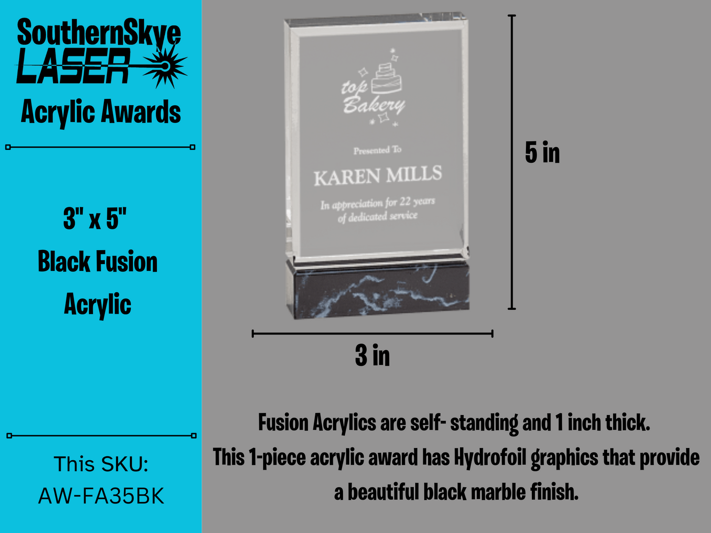 3" x 5" Black Fusion Acrylic Trophy, Award